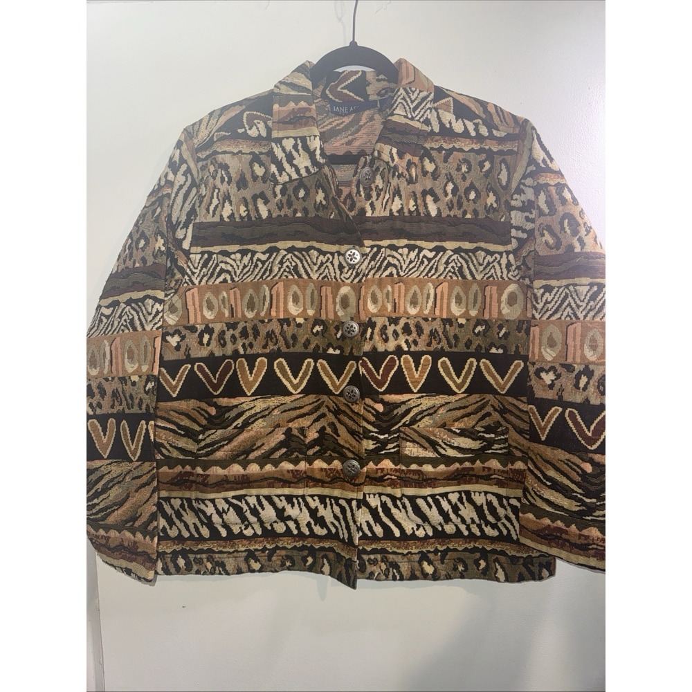 Jane Ashley Vtg Tapestry Jacket XL Animal Print Leopard Zebra Earth Tones Boho